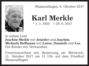 Traueranzeige von Karl Merkle von Schwäbische Post