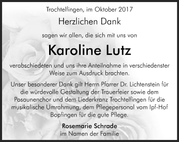 Traueranzeige von Karoline Lutz von Schwäbische Post
