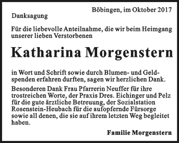 Traueranzeige von Katharina Morgenstern  von Gmünder Tagespost