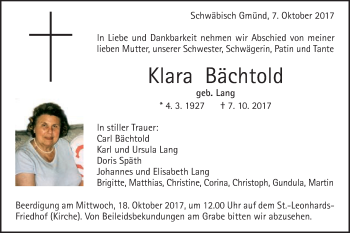 Traueranzeige von Klara Bächtold von Gmünder Tagespost