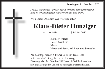 Traueranzeige von Klaus-Dieter Hunziger von Schwäbische Post