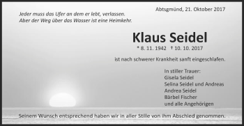 Traueranzeige von Klaus Seidel von Schwäbische Post