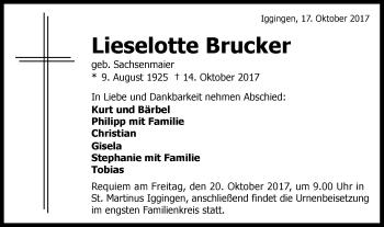 Traueranzeige von Lieselotte Brucker von Gmünder Tagespost