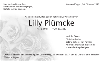 Traueranzeige von Lilly Plümcke von Schwäbische Post