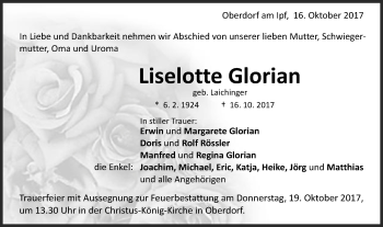Traueranzeige von Liselotte Glorian von Schwäbische Post