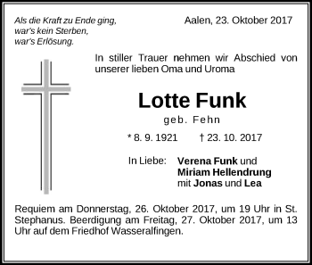 Traueranzeige von Lotte Funk von Schwäbische Post