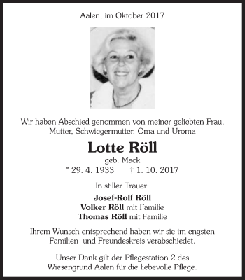 Traueranzeige von Lotte Röll von Schwäbische Post