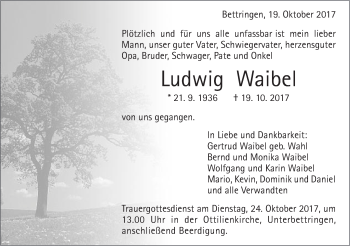 Traueranzeige von Ludwig Waibel von Gmünder Tagespost