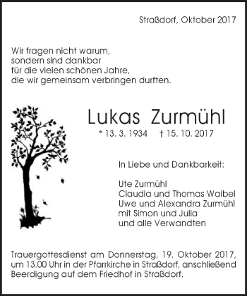 Traueranzeige von Lukas Zurmühl von Gmünder Tagespost