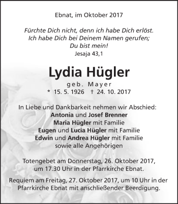 Traueranzeige von Lydia Hügler von Schwäbische Post