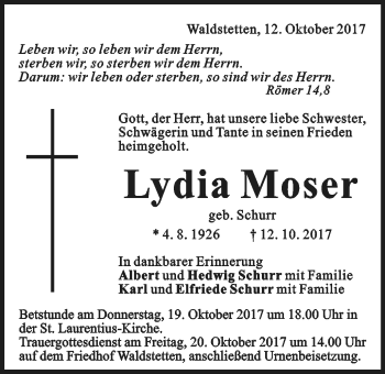 Traueranzeige von Lydia Moser von Gmünder Tagespost