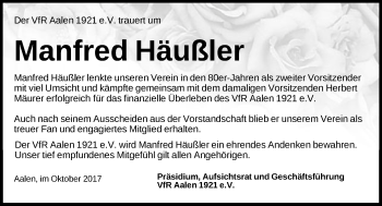Traueranzeige von Manfred Häußler von Schwäbische Post