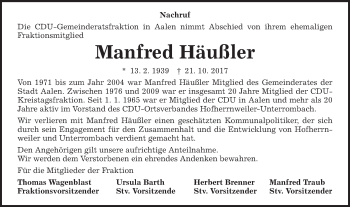 Traueranzeige von Manfred Häußler von Schwäbische Post