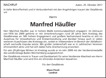 Traueranzeige von Manfred Häußler von Schwäbische Post