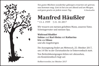Traueranzeige von Manfred Häußler von Schwäbische Post