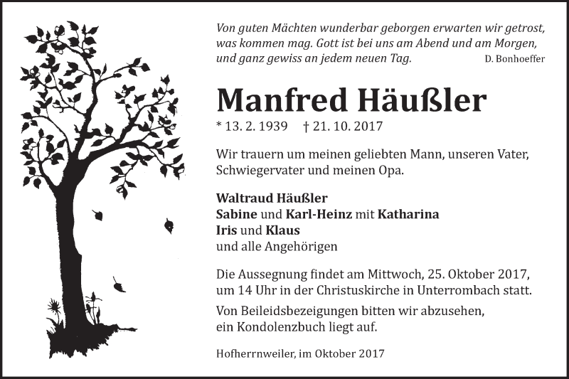  Traueranzeige für Manfred Häußler vom 23.10.2017 aus Schwäbische Post