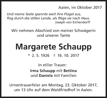 Traueranzeige von Margarete Schaupp von Schwäbische Post