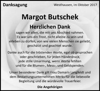 Traueranzeige von Margot Butschek von Schwäbische Post