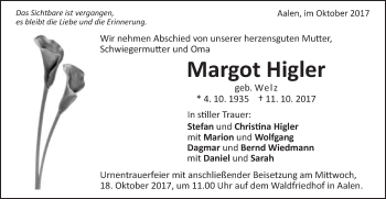 Traueranzeige von Margot Higler von Schwäbische Post