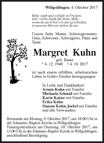 Traueranzeige von Margret Kuhn von Gmünder Tagespost