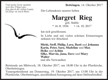 Traueranzeige von Margret Rieg von Gmünder Tagespost