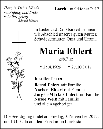 Traueranzeige von Maria Ehlert von Gmünder Tagespost