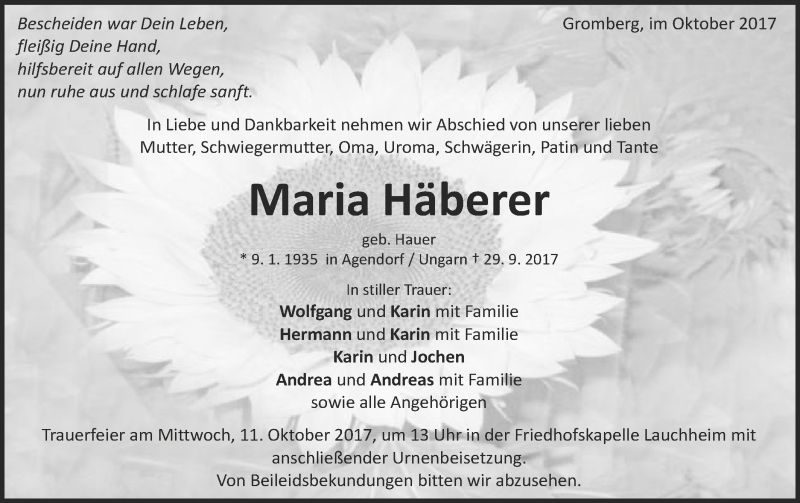  Traueranzeige für Maria Häberer vom 07.10.2017 aus Schwäbische Post