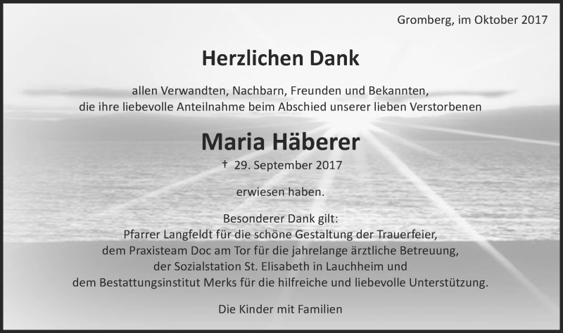  Traueranzeige für Maria Häberer vom 20.10.2017 aus Schwäbische Post