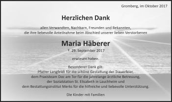 Traueranzeige von Maria Häberer von Schwäbische Post