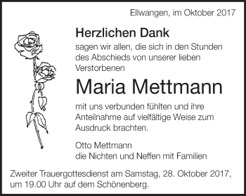 Traueranzeige von Maria Mettmann von Schwäbische Post