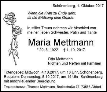 Traueranzeige von Maria Mettmann von Schwäbische Post