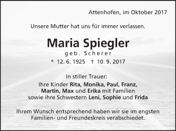 Traueranzeige von Maria Spiegler von Schwäbische Post