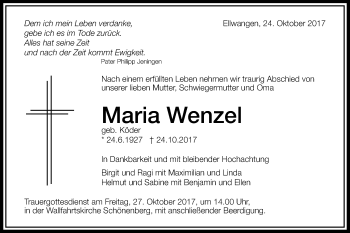 Traueranzeige von Maria Wenzel von Schwäbische Post