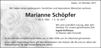 Traueranzeige von Marianne Schöpfer von Schwäbische Post