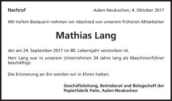 Traueranzeige von Mathias Lang von Schwäbische Post