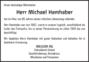 Traueranzeige von Michael Hamhaber von Gmünder Tagespost