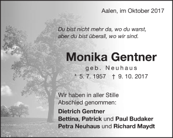 Traueranzeige von Monika Gentner von Amtsblatt_Oko