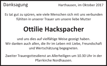 Traueranzeige von Ottilie Hackspacher von Schwäbische Post