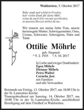 Traueranzeige von Ottilie Mö-hrle