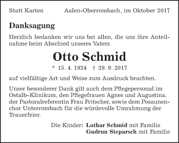 Traueranzeige von Otto Schmid von Schwäbische Post