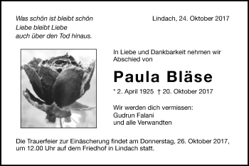 Traueranzeige von Paula Bläse von Gmünder Tagespost