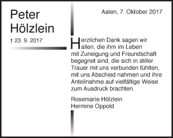 Traueranzeige von Peter Hölzlein von Schwäbische Post