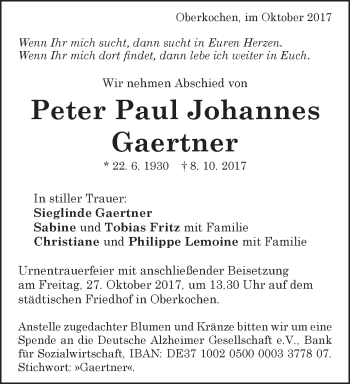 Traueranzeige von Peter Paul Johann Gaertner von Amtsblatt_Oko