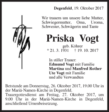 Traueranzeige von Priska Vogt von Gmünder Tagespost