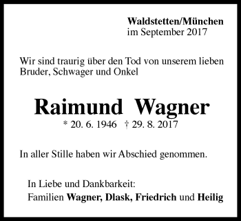 Traueranzeige von Raimund Wagner von Gmünder Tagespost
