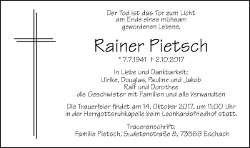 Traueranzeige von Rainer Pietsch von Gmünder Tagespost