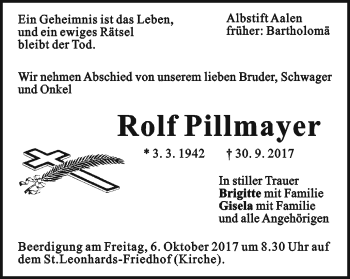 Traueranzeige von Rolf Pillmayer von Gmünder Tagespost