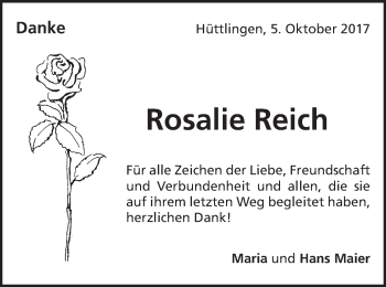 Traueranzeige von Rosalie Reich von Schwäbische Post