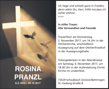 Traueranzeige von Rosina Pranzl von Gmünder Tagespost