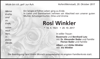 Traueranzeige von Rosl Winkler von Schwäbische Post